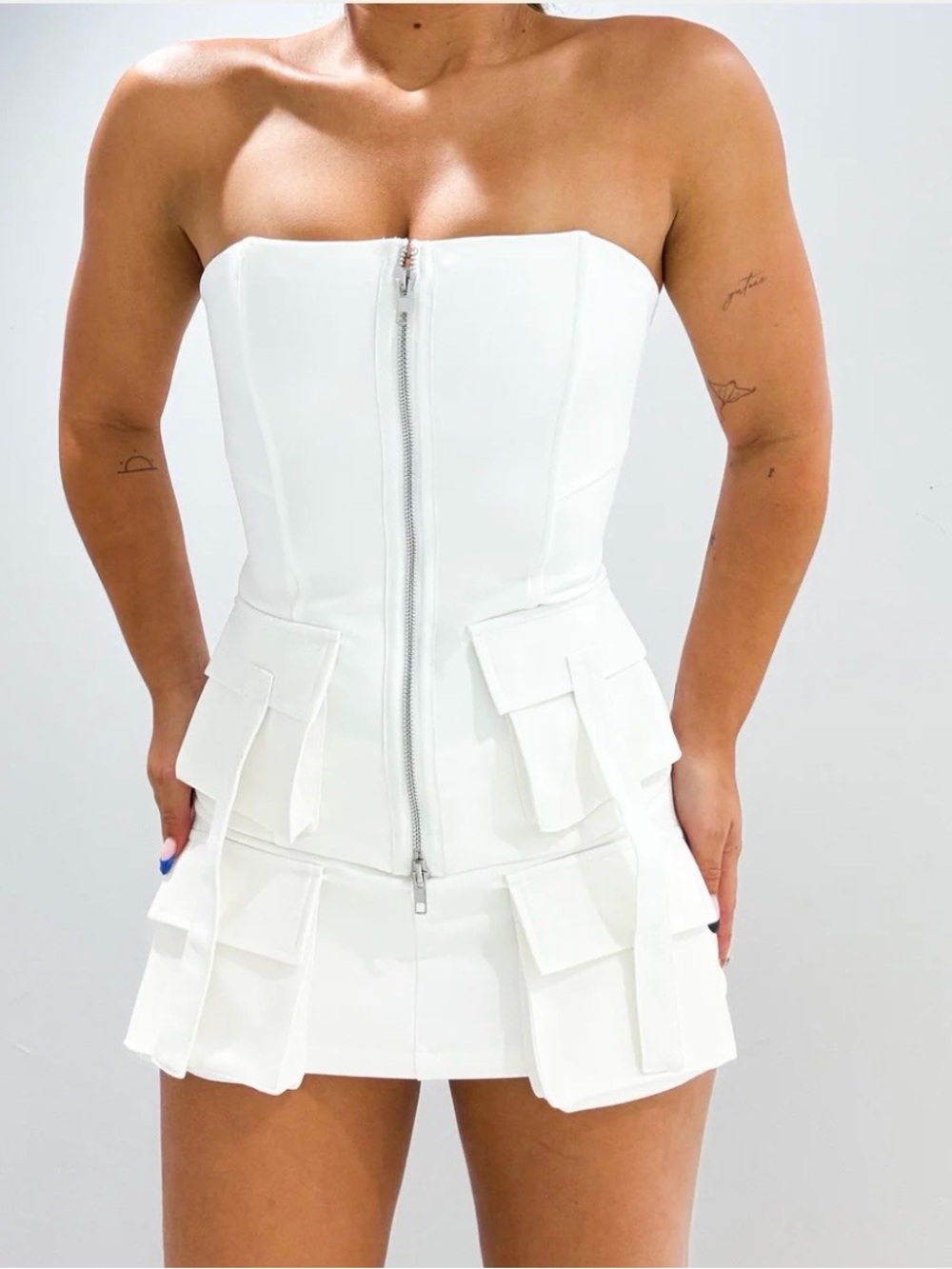Strapless White Cargo Pocket Set